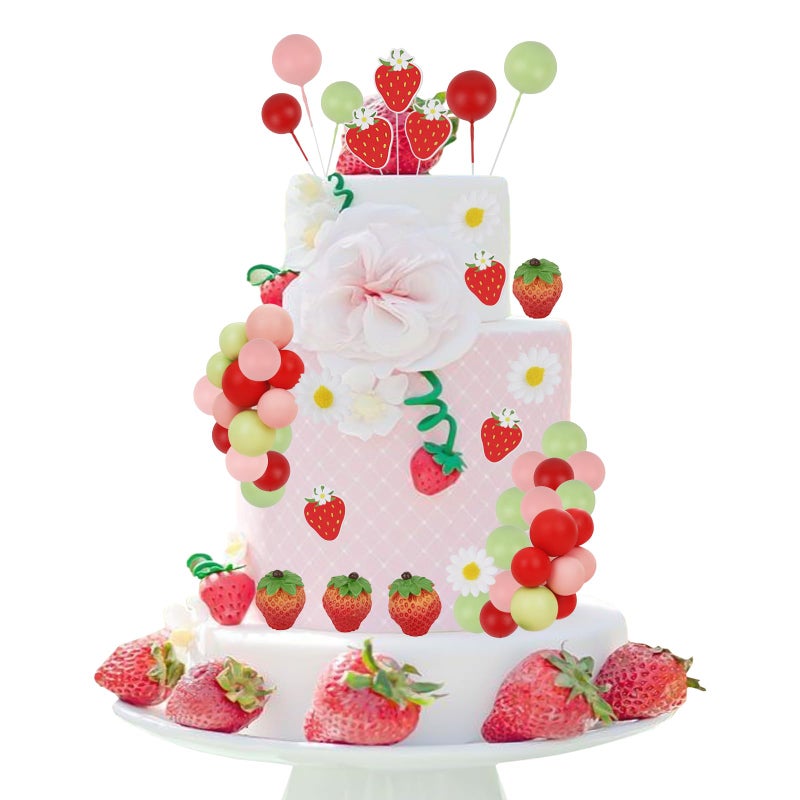 Cheereveal Strawberry Cake Figures Decorations for Girls - Strawberry Theme Birthday Cake Cupcake Toppers Ball Dessert Picks, Fruit Theme Birthday Party Baby Shower Celebration Photo Props - Image 1